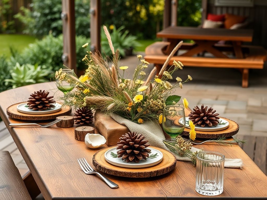 Masa elegantă de dining, decorată cu conuri de brad, flori sălbatice și veselă din ceramică. Spațiu natural.